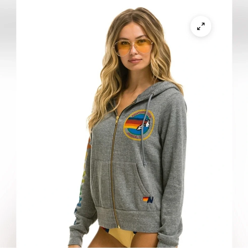 Aviator Nation La Jolla Zip Hoodie Heather Gray Rainbow Logo Sweatshirt Size M - Picture 4 of 10